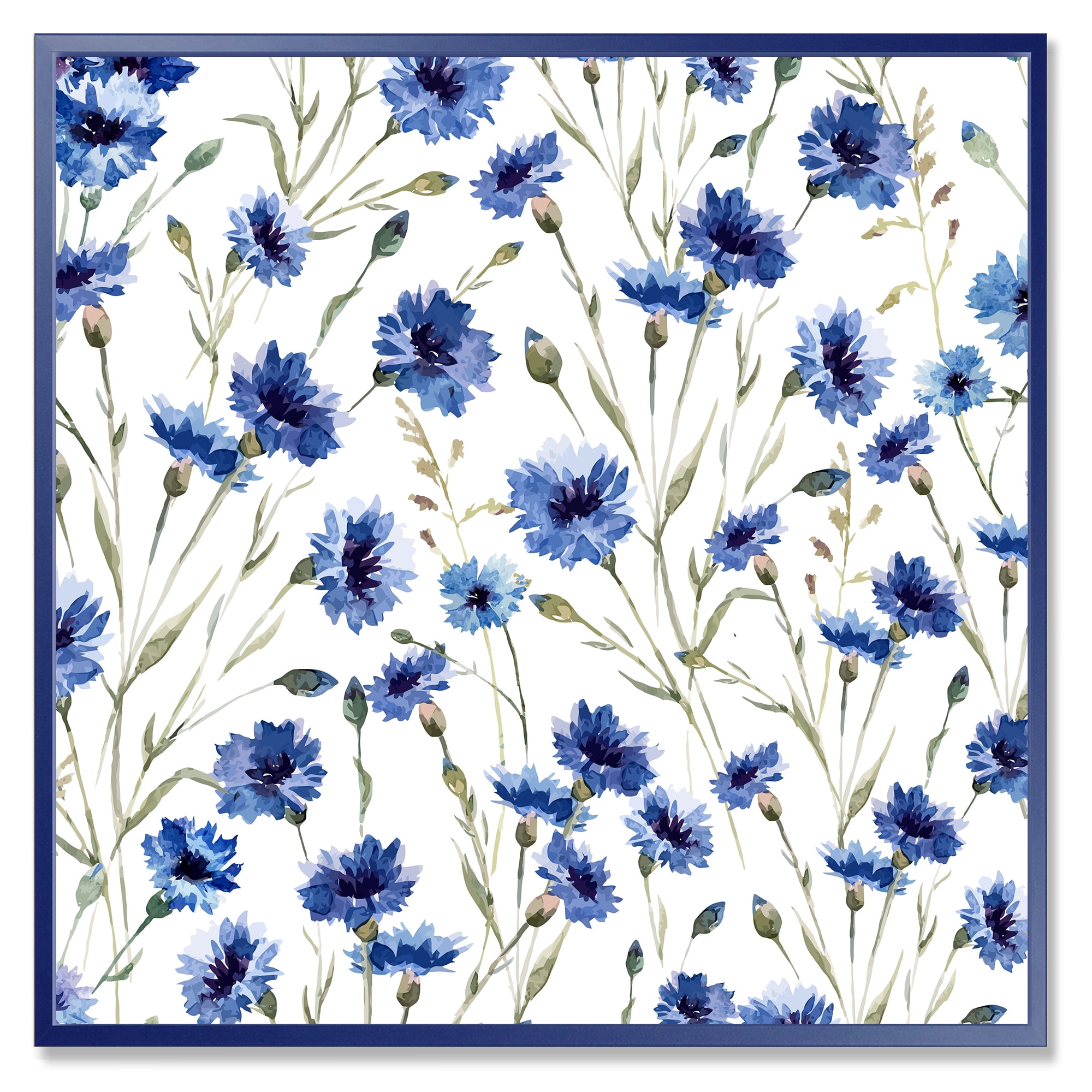 Designart 'Blue Wildflowers With Green Leaves On White' Traditional Framed Canvas Wall Art Print