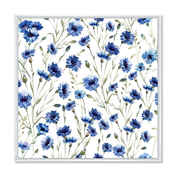 Designart 'Blue Wildflowers With Green Leaves On White' Traditional Framed Canvas Wall Art Print