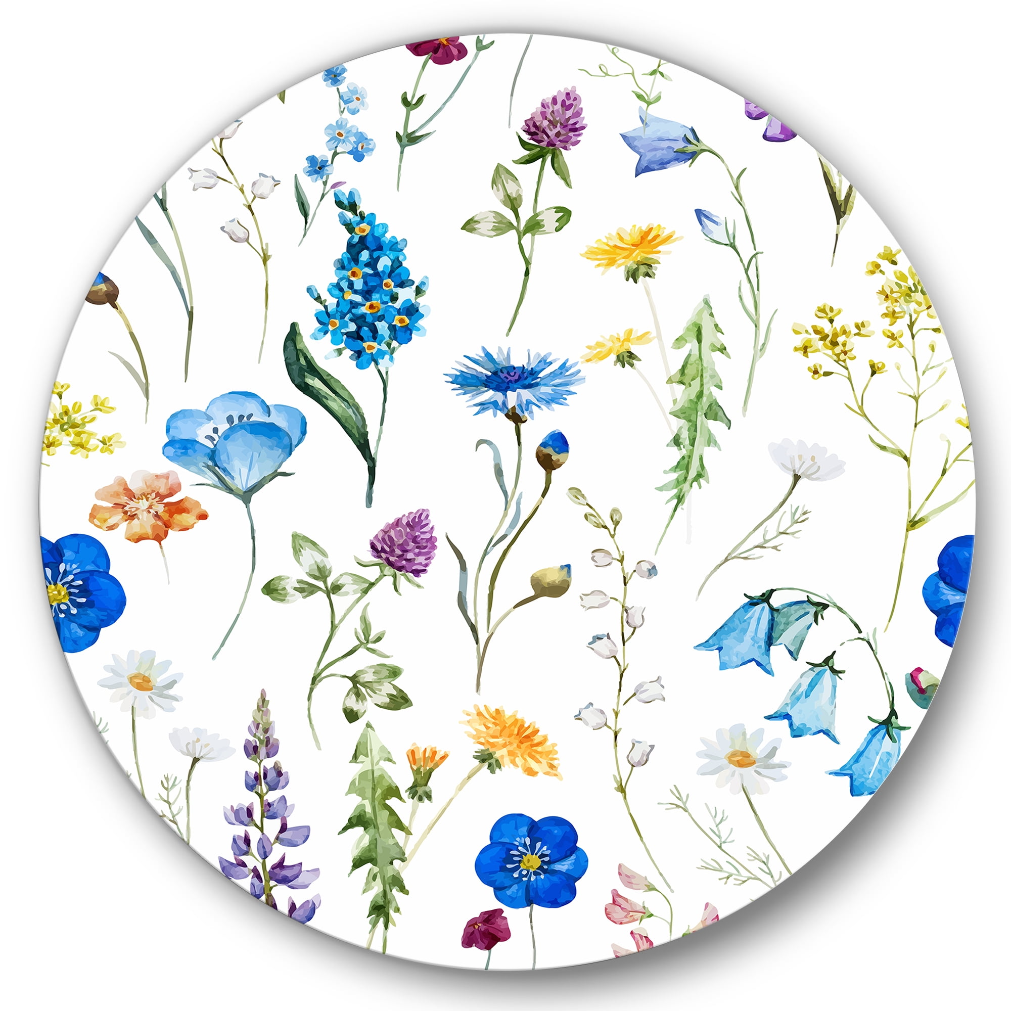 Designart 'Blue Wildflowers With Leaves I' Traditional Circle Metal Wall Art 23x23 - Disc of 23