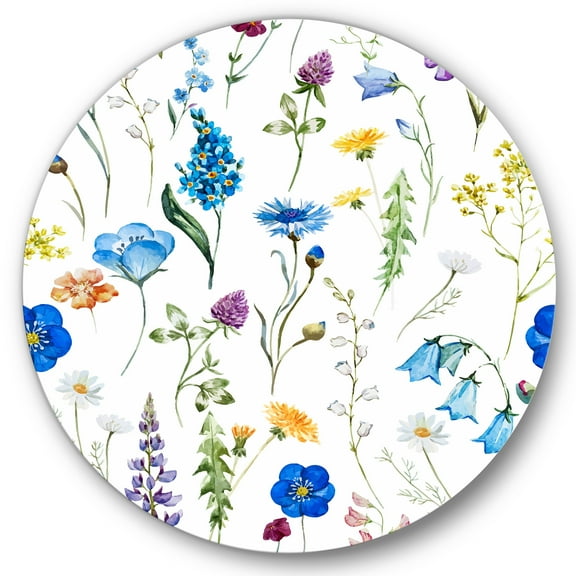 Designart 'Blue Wildflowers With Leaves I' Traditional Circle Metal Wall Art 36x36 - Disc of 36