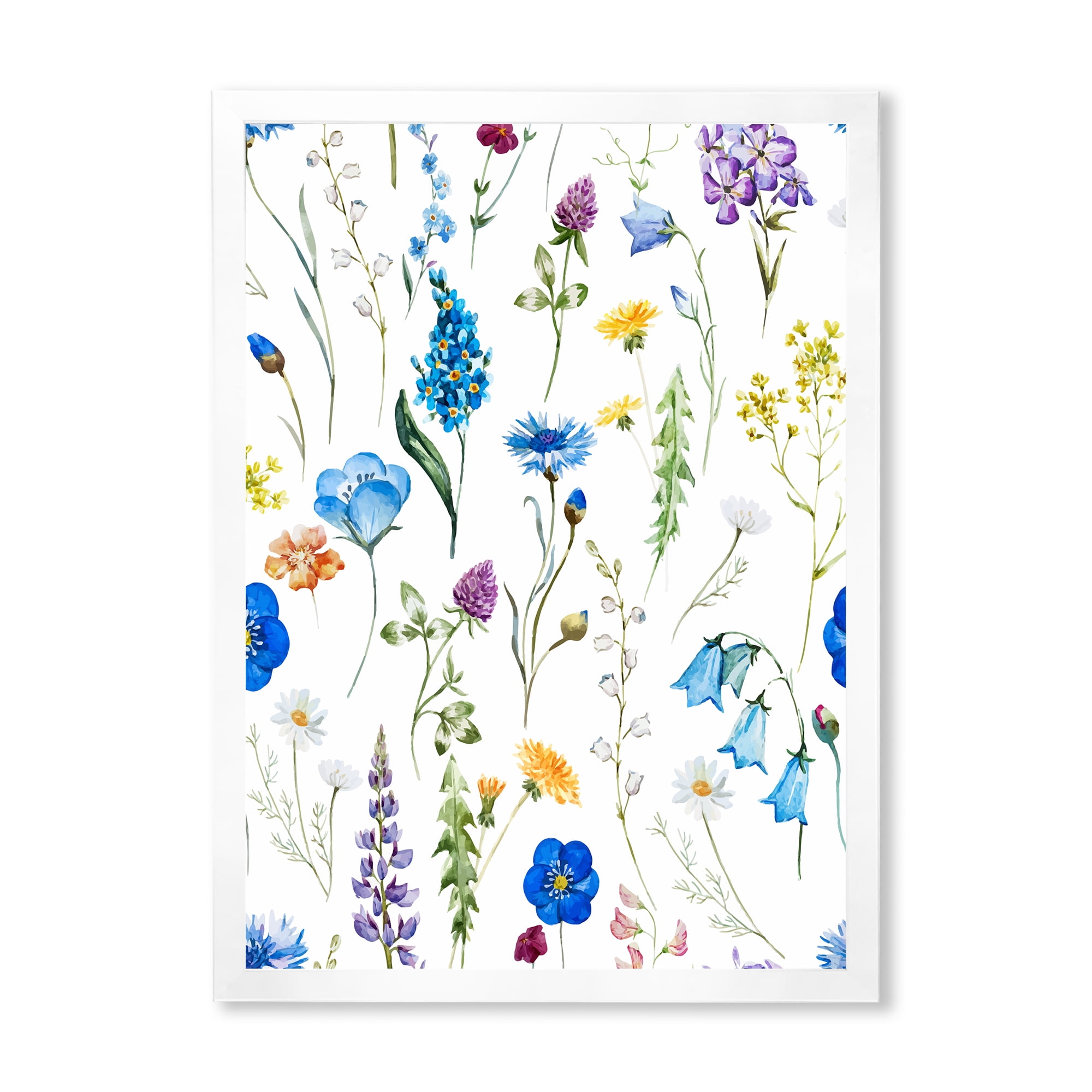 Designart 'Blue Wildflowers With Leaves I' Traditional Framed Art Print