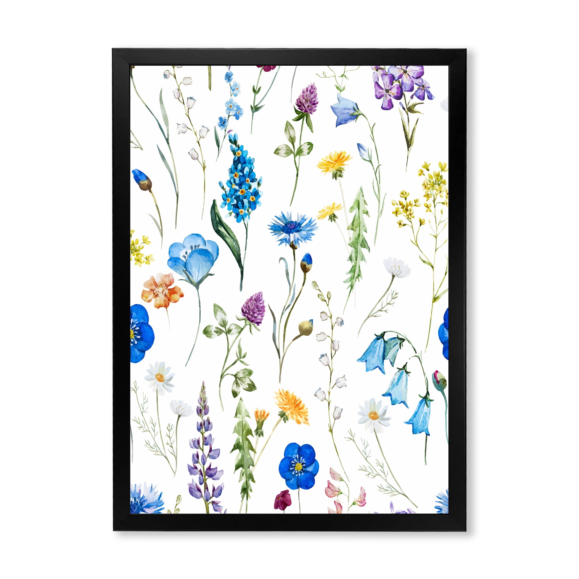 Designart 'Blue Wildflowers With Leaves I' Traditional Framed Art Print