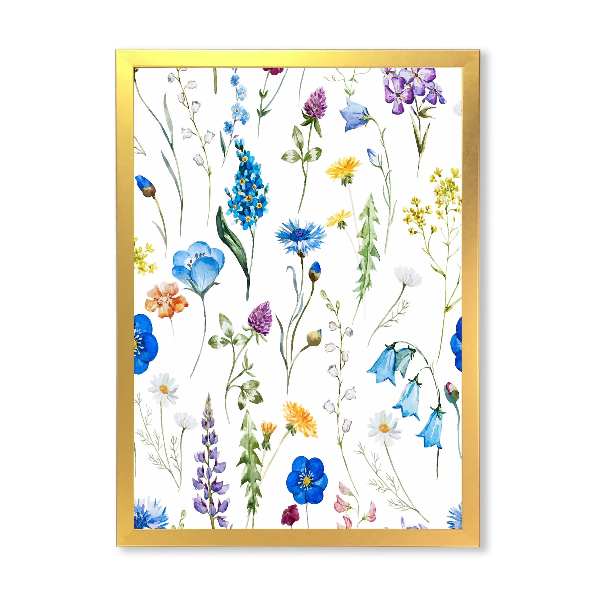 Designart 'Blue Wildflowers With Leaves I' Traditional Framed Art Print