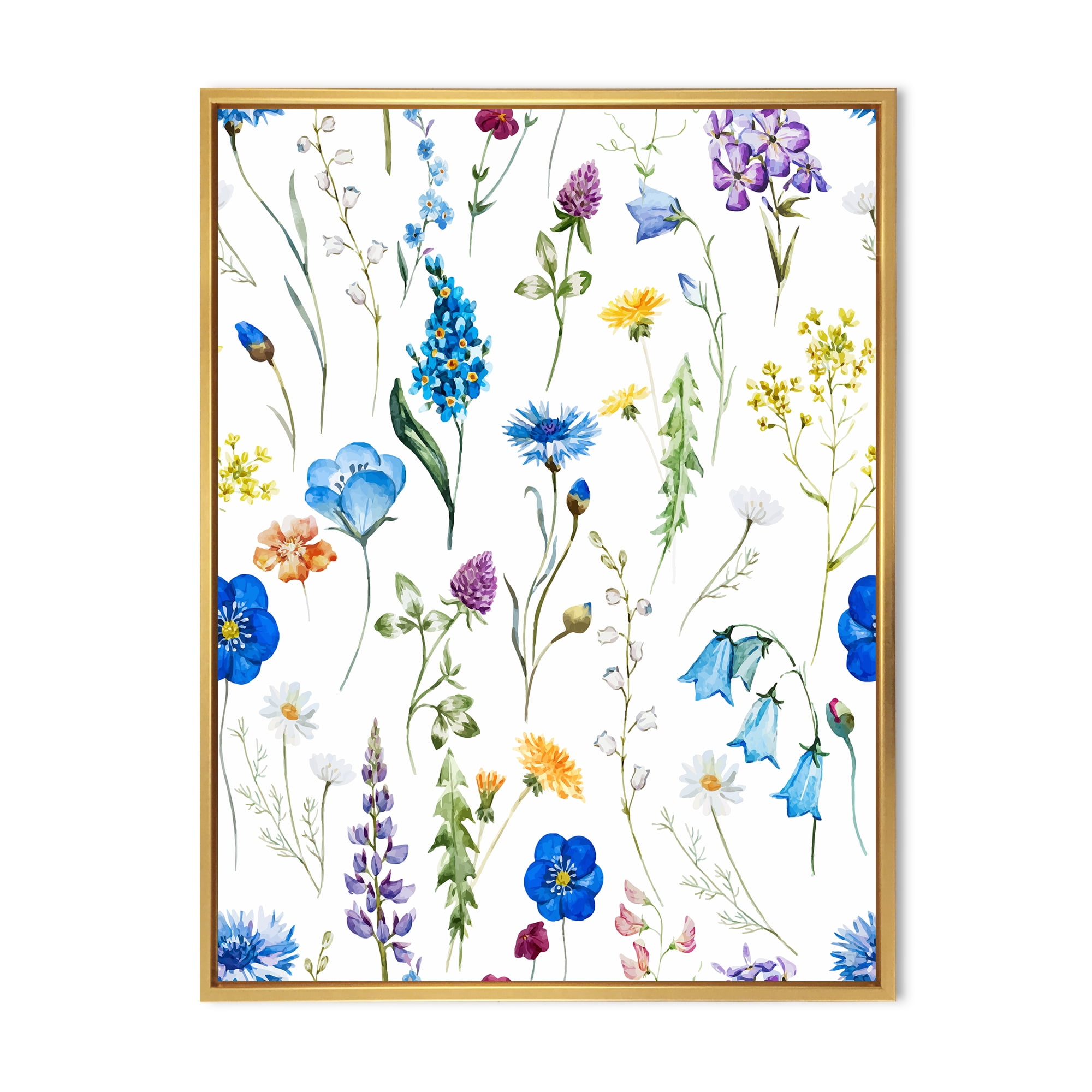 Designart 'Blue Wildflowers With Leaves I' Traditional Framed Canvas Wall Art Print
