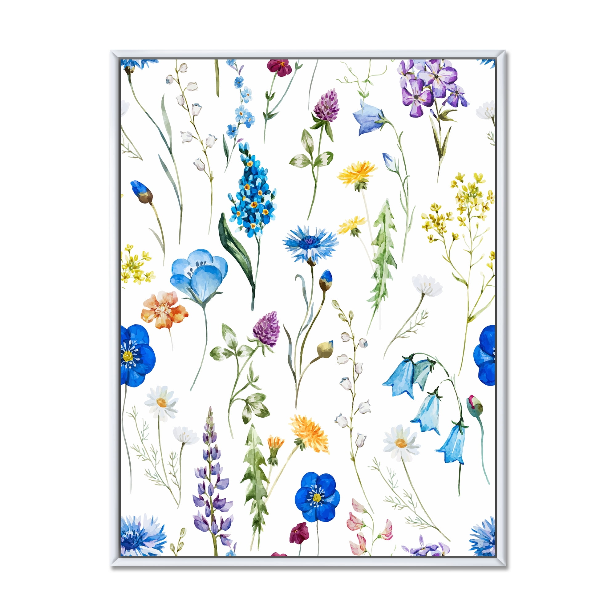 Designart 'Blue Wildflowers With Leaves I' Traditional Framed Canvas Wall Art Print