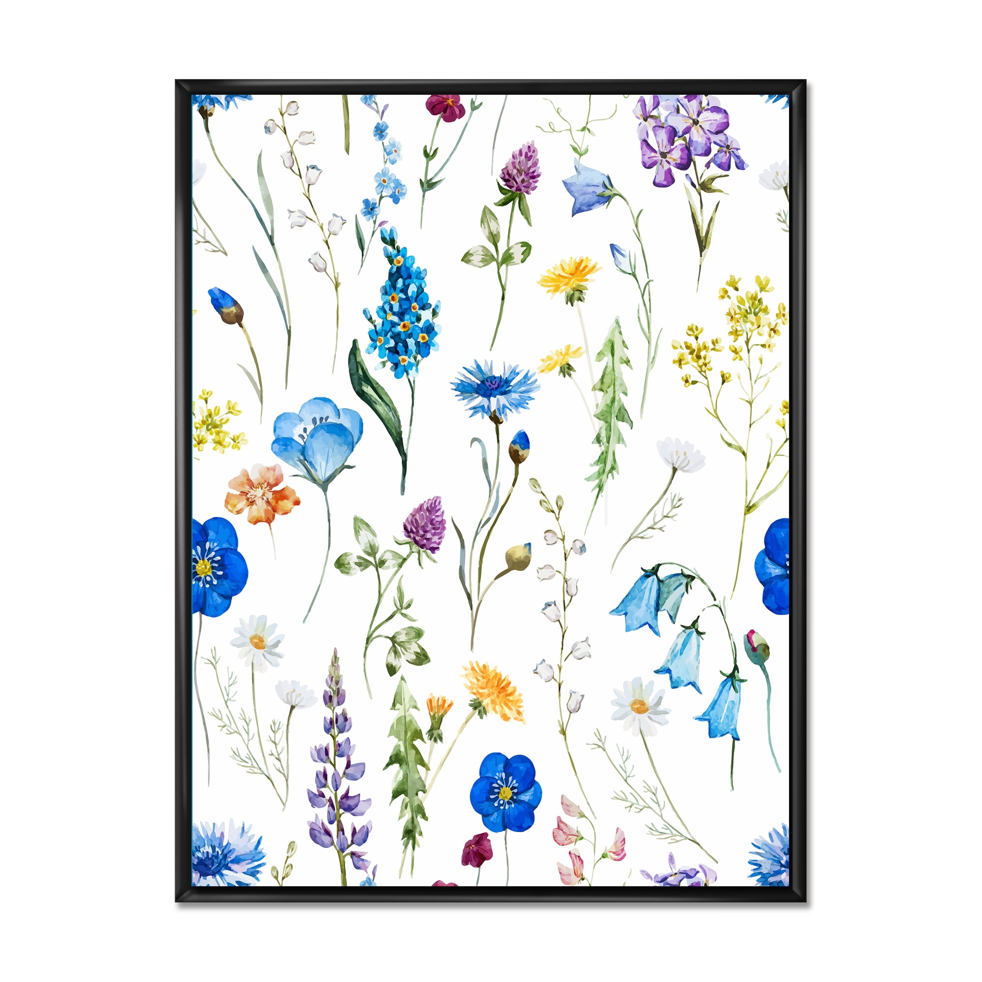 Designart 'Blue Wildflowers With Leaves I' Traditional Framed Canvas Wall Art Print