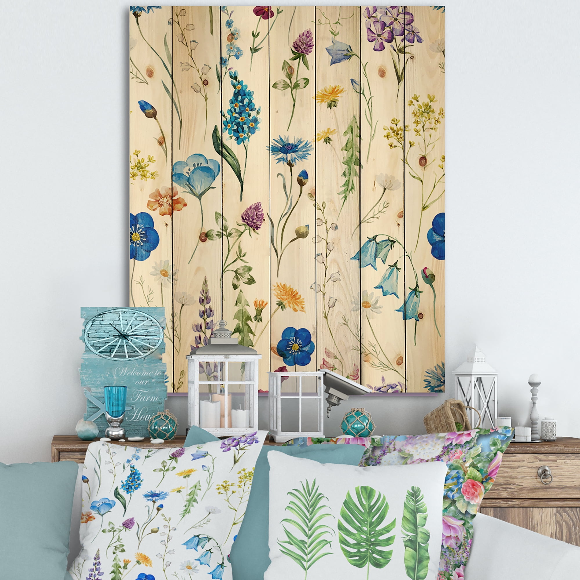 Designart 'Blue Wildflowers With Leaves I' Traditional Print on Natural Pine Wood