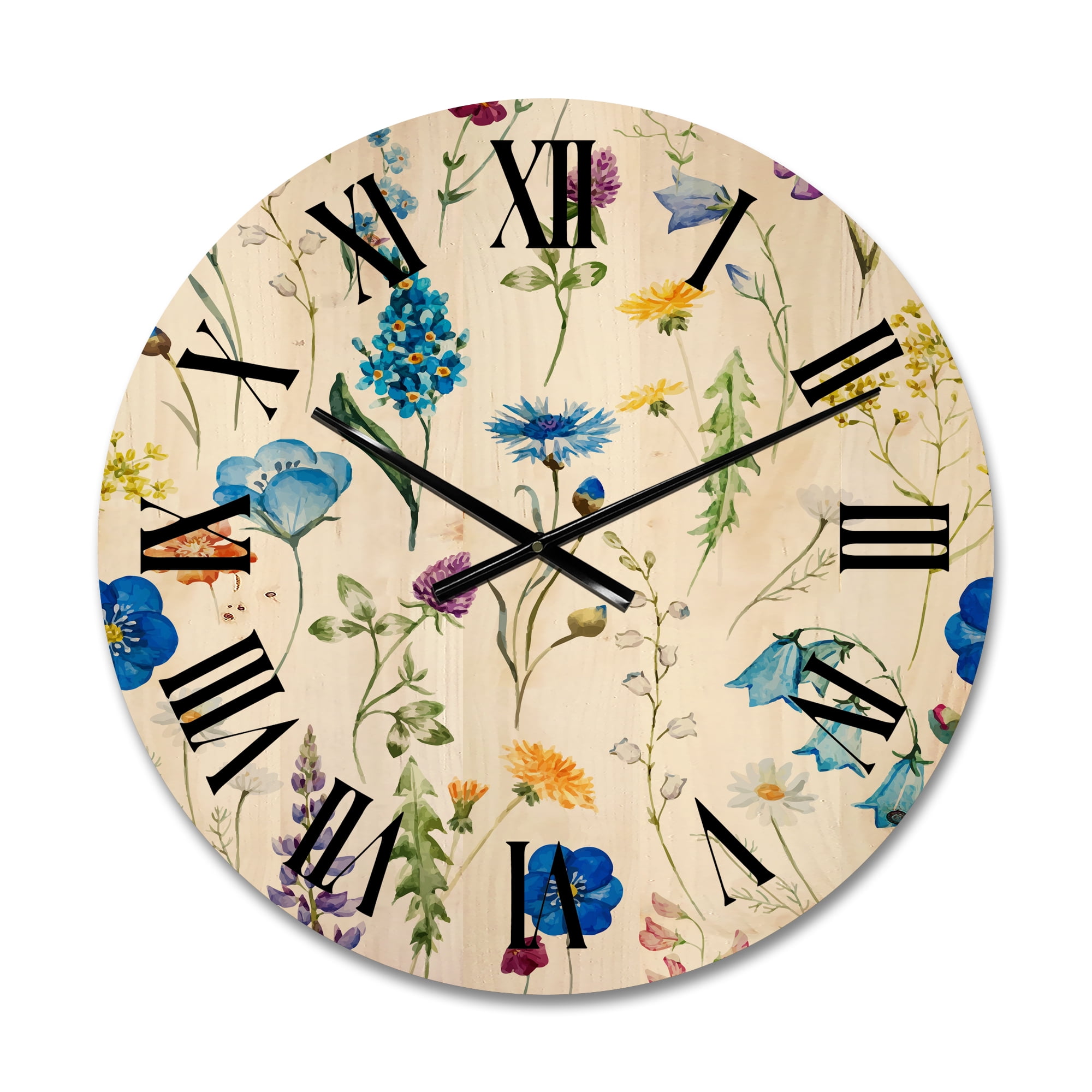 Designart 'Blue Wildflowers With Leaves I' Traditional Wood Wall Clock