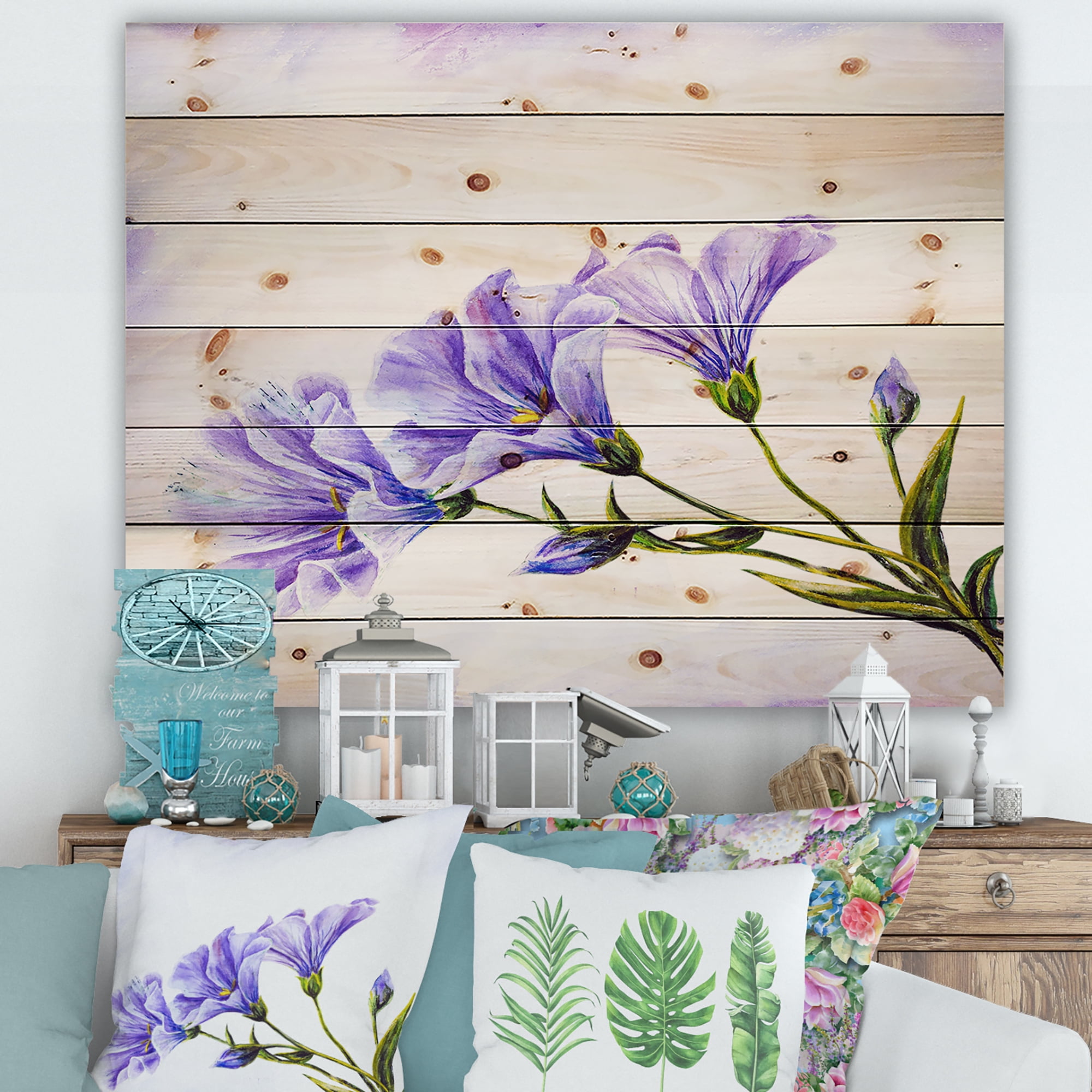 Designart 'Blue Wildflowers With Leaves II' Traditional Print on Natural Pine Wood