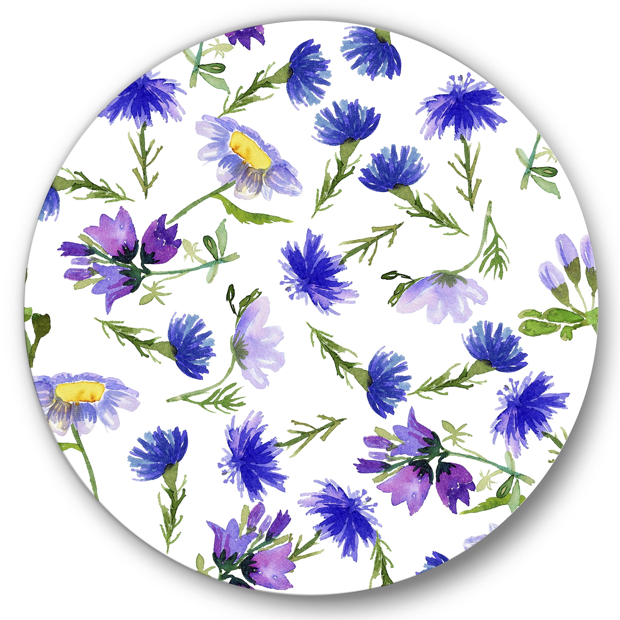 Designart 'Blue Wildflowers With Leaves III' Traditional Circle Metal Wall Art 29x29 - Disc of 29