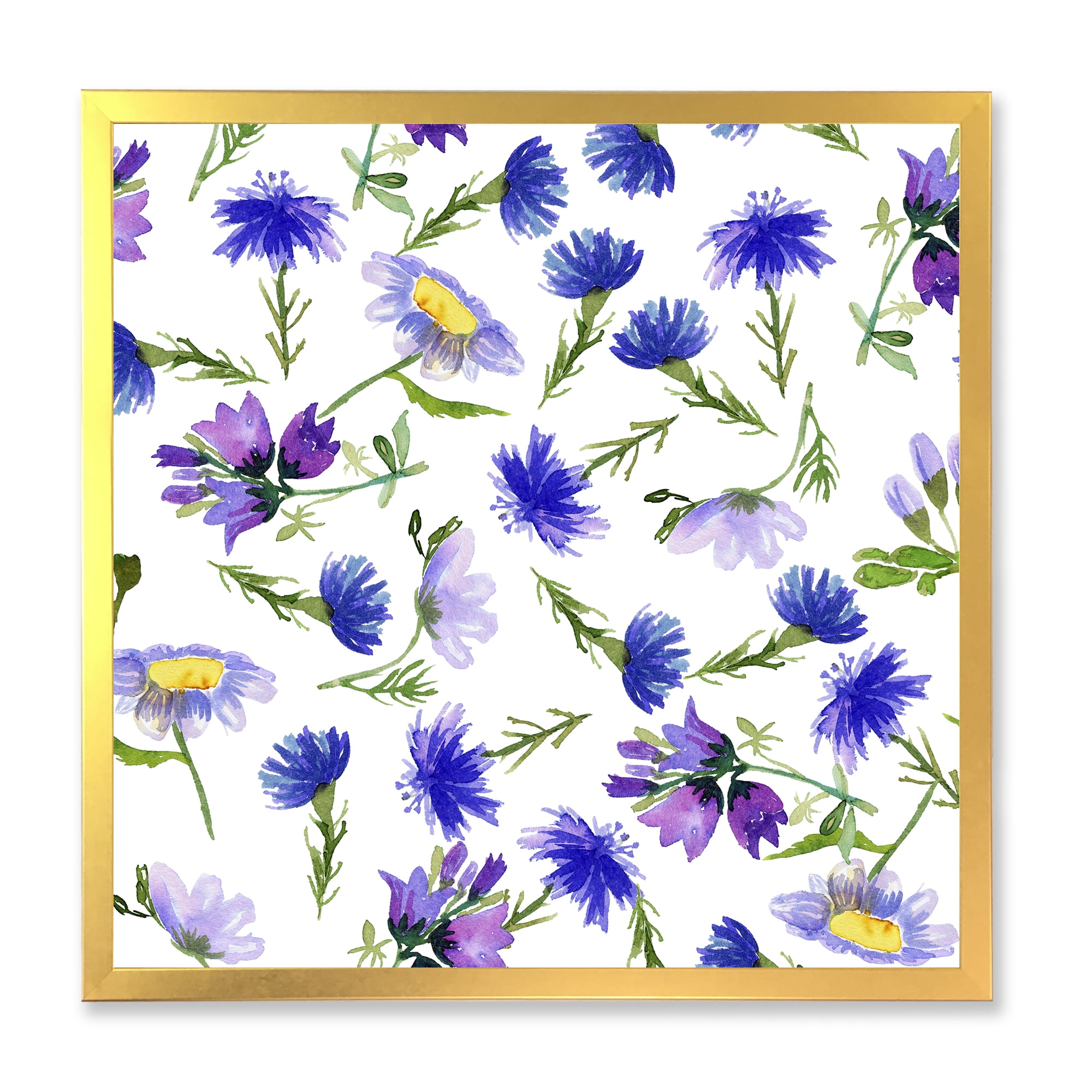 Designart 'Blue Wildflowers With Leaves III' Traditional Framed Art Print