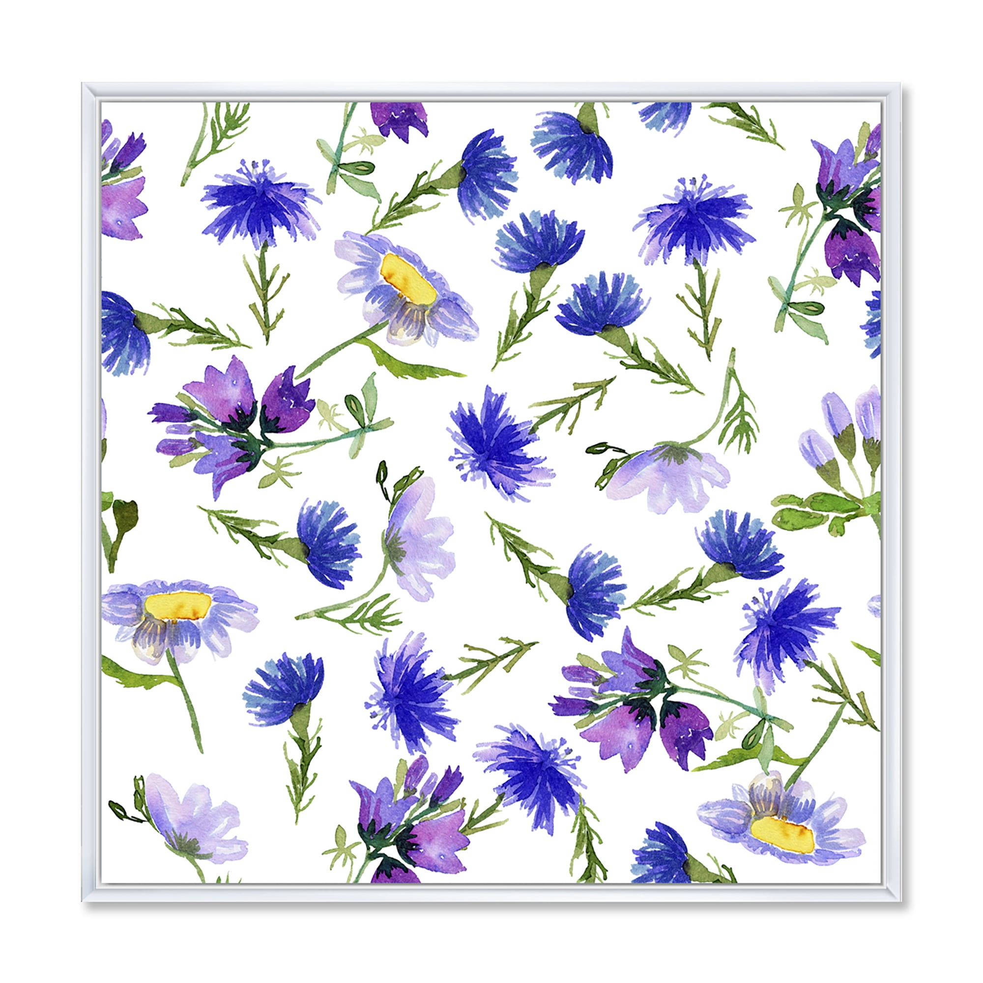 Designart 'Blue Wildflowers With Leaves III' Traditional Framed Canvas Wall Art Print