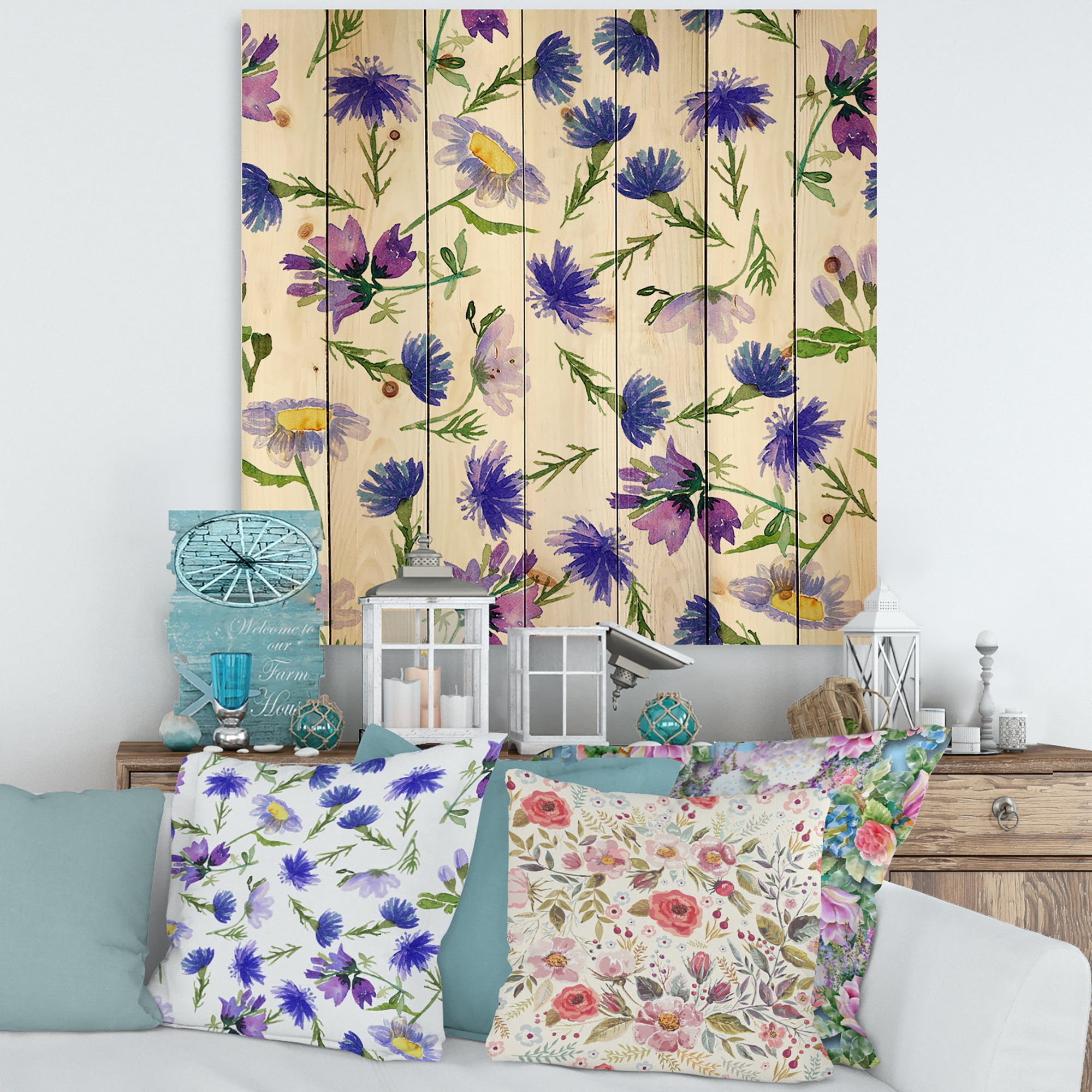 Designart 'Blue Wildflowers With Leaves III' Traditional Print on Natural Pine Wood