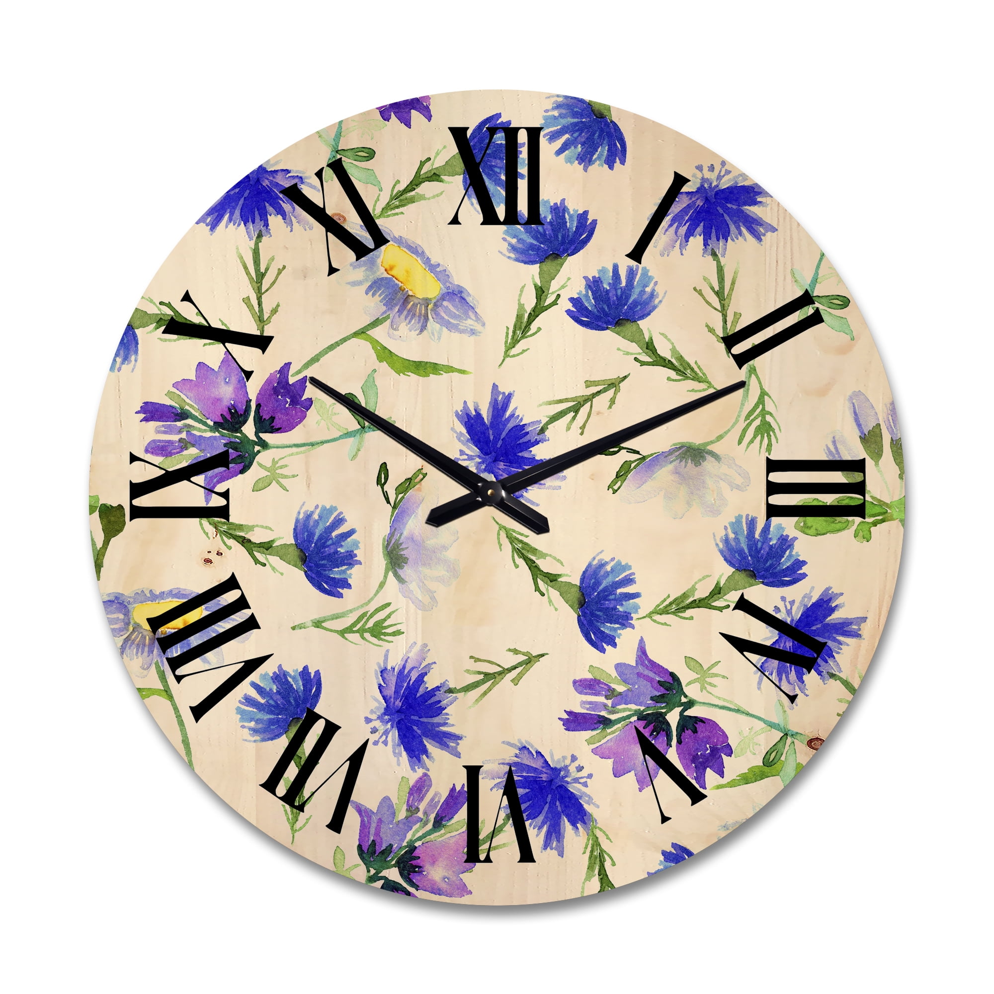 Designart 'Blue Wildflowers With Leaves III' Traditional Wood Wall Clock