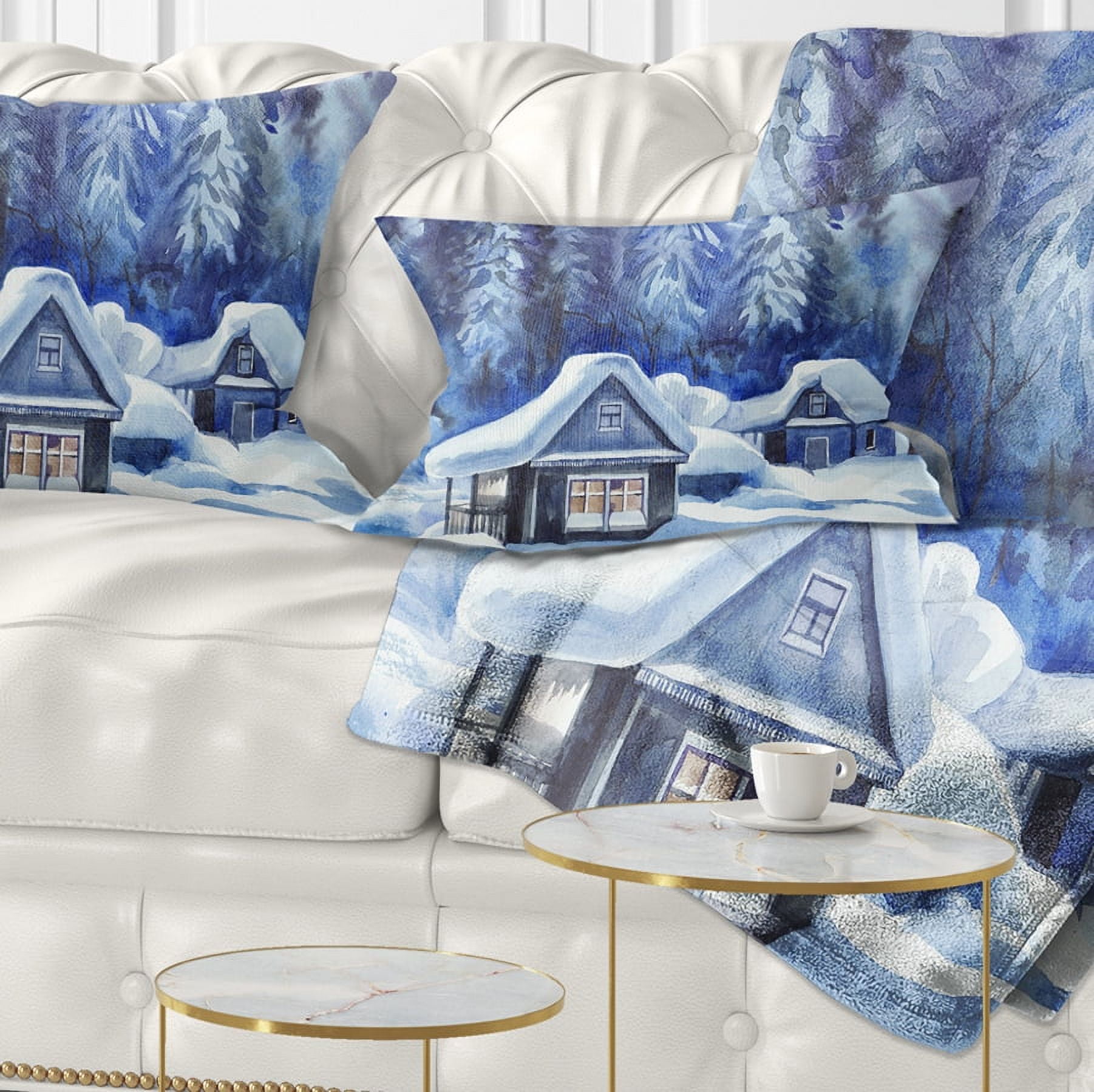 Designart Blue Winter Cottages - Landscape Printed Throw Pillow - 12x20