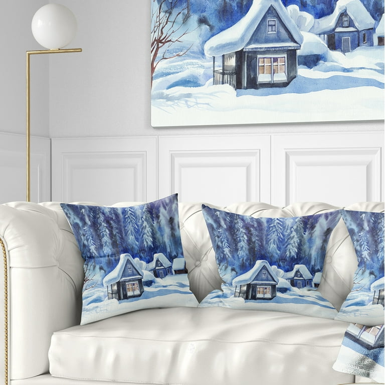 Designart Blue Winter Cottages Landscape Printed Throw Pillow