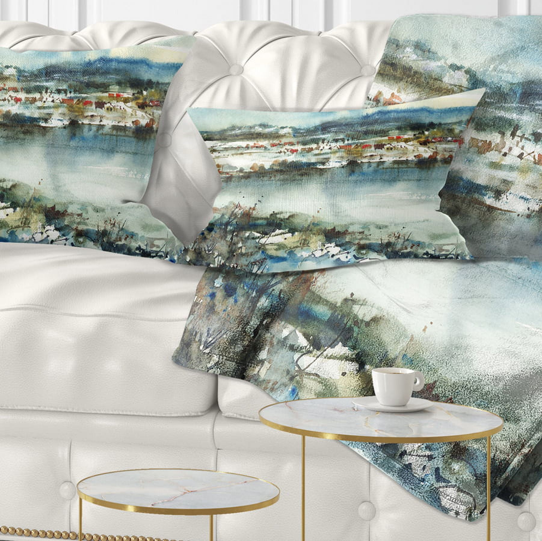 Designart Blue Winter Lake Watercolor - Landscape Painting Throw Pillow - 12x20