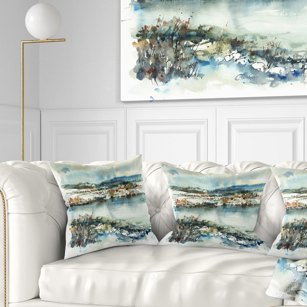Designart Blue Winter Lake Watercolor - Landscape Painting Throw Pillow - 16x16