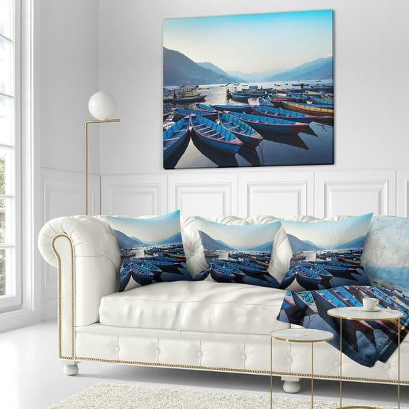 Designart Blue Wooden Boats in Lake - Boat Throw Pillow - 16x16
