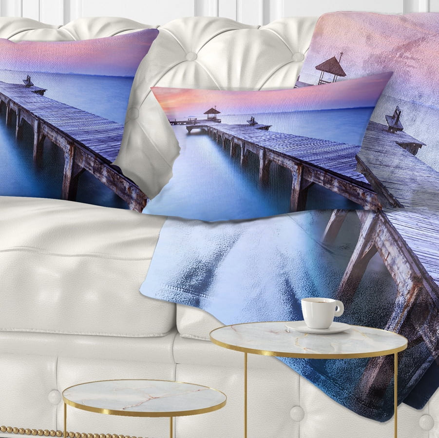 Designart Blue Wooden Bridge - Seascape Photography Throw Pillow - 12x20