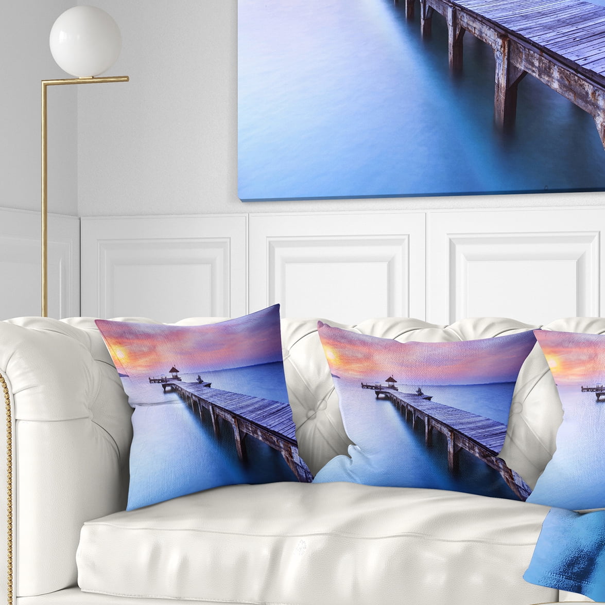 Designart Blue Wooden Bridge - Seascape Photography Throw Pillow - 18x18