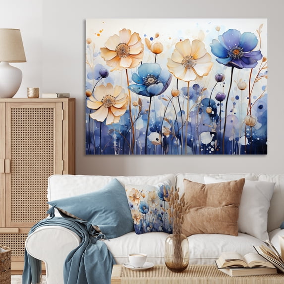 Designart "Blue Yellow Botanical Charm" Abstract Botanicals Wall Art Print