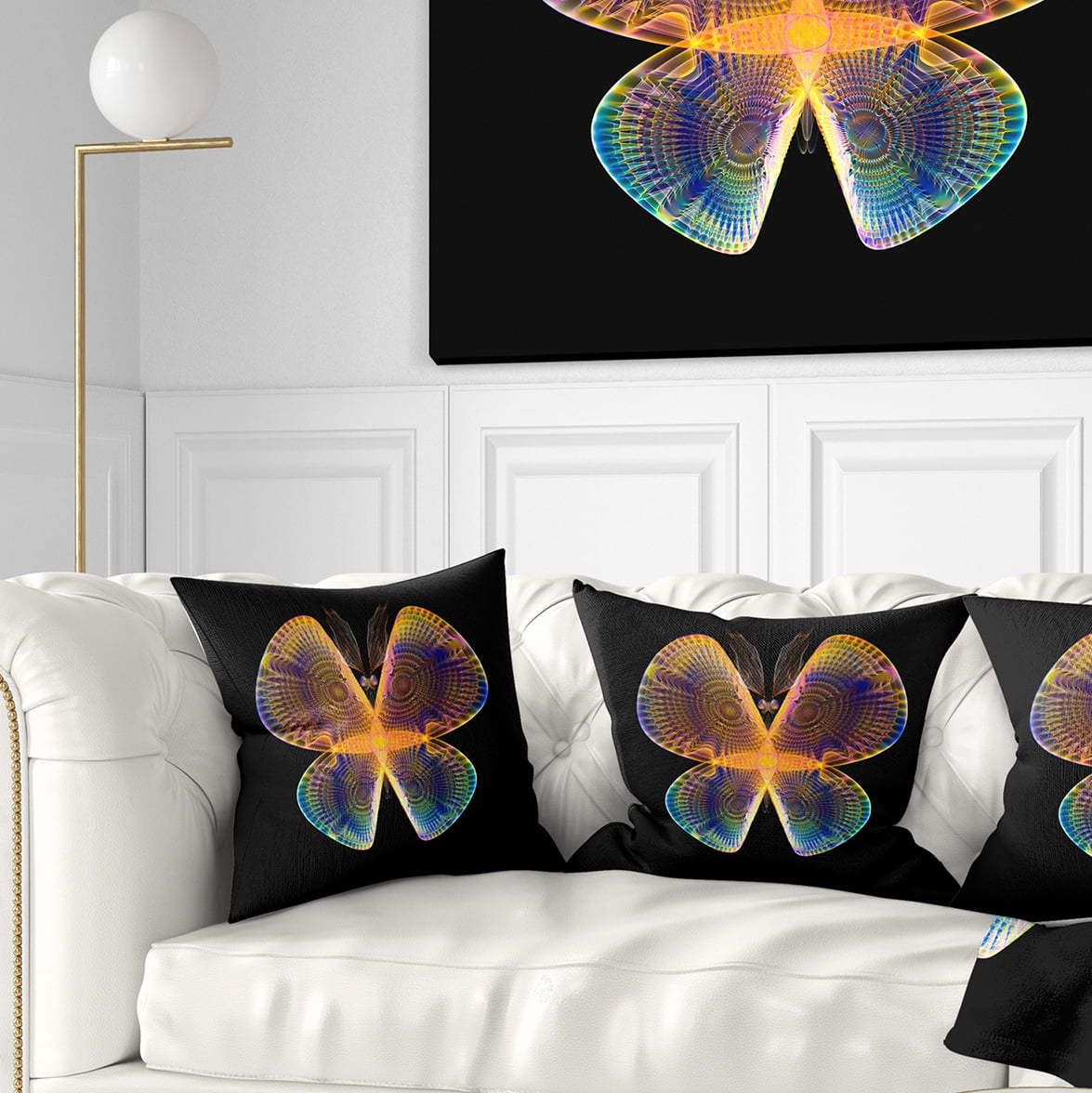 Designart Blue Yellow Fractal Butterfly in Dark - Abstract Throw Pillow - 16x16