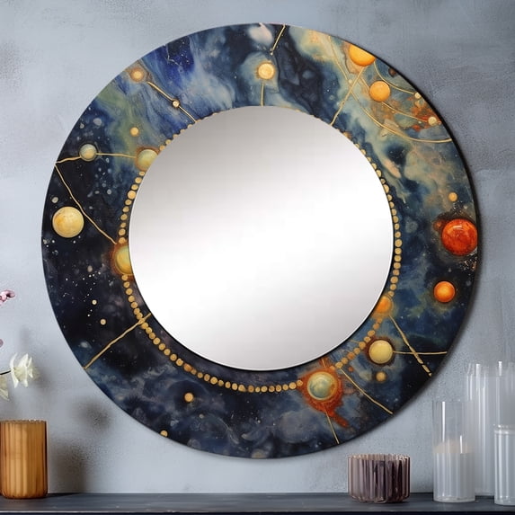 Designart "Blue Yellow Galactic Universe Celestial Beauty" Comets Blue Large Round Mirror - Round Mirror Wall Décor - Modern Round Printed Mirror 23" x 23" Inch