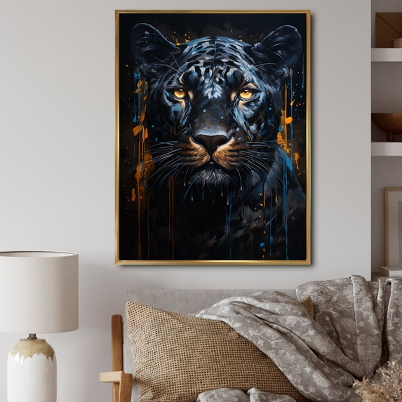 Designart "Blue Yellow Midnight Panther Inky II" Animals Floater Framed Wall Art Print