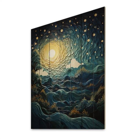 Designart "Blue Yellow Ocean Rhapsody II" Nautical & Beach Print on Natural Pine Wood