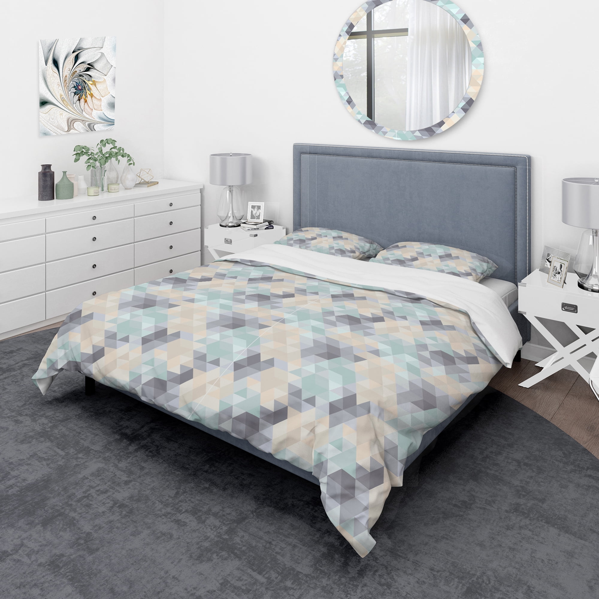 Designart 'Blue and Beige Triangular Geometry' Modern & Contemporary Duvet Cover Set