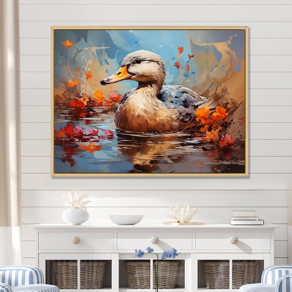 Designart "Blue and Brown Duck in the Pond I" Animals Framed Wall Art - Modern Farmhouse Brown Duck Living Room Framed Canvas Art