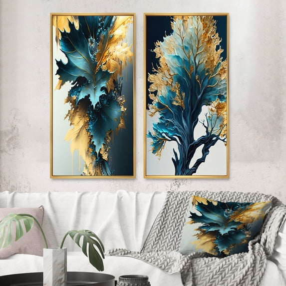 Designart "Blue and Gold Abstract Foliage II" Leaves Framed Wall Art Set Of 2 - Blue Floral Framed Canvas Set For Living Room Decor