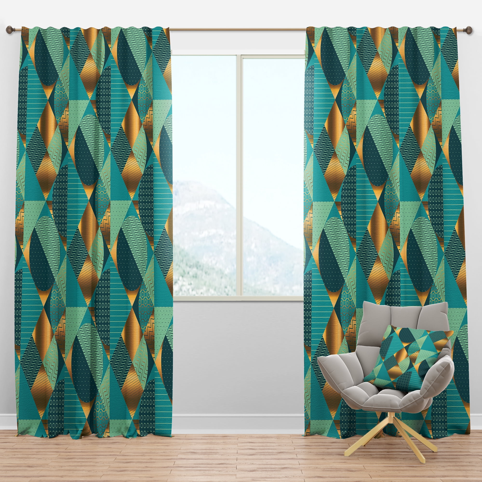 Designart 'Blue and Gold Dynamics III' Mid-Century Modern Blackout Curtain Panel