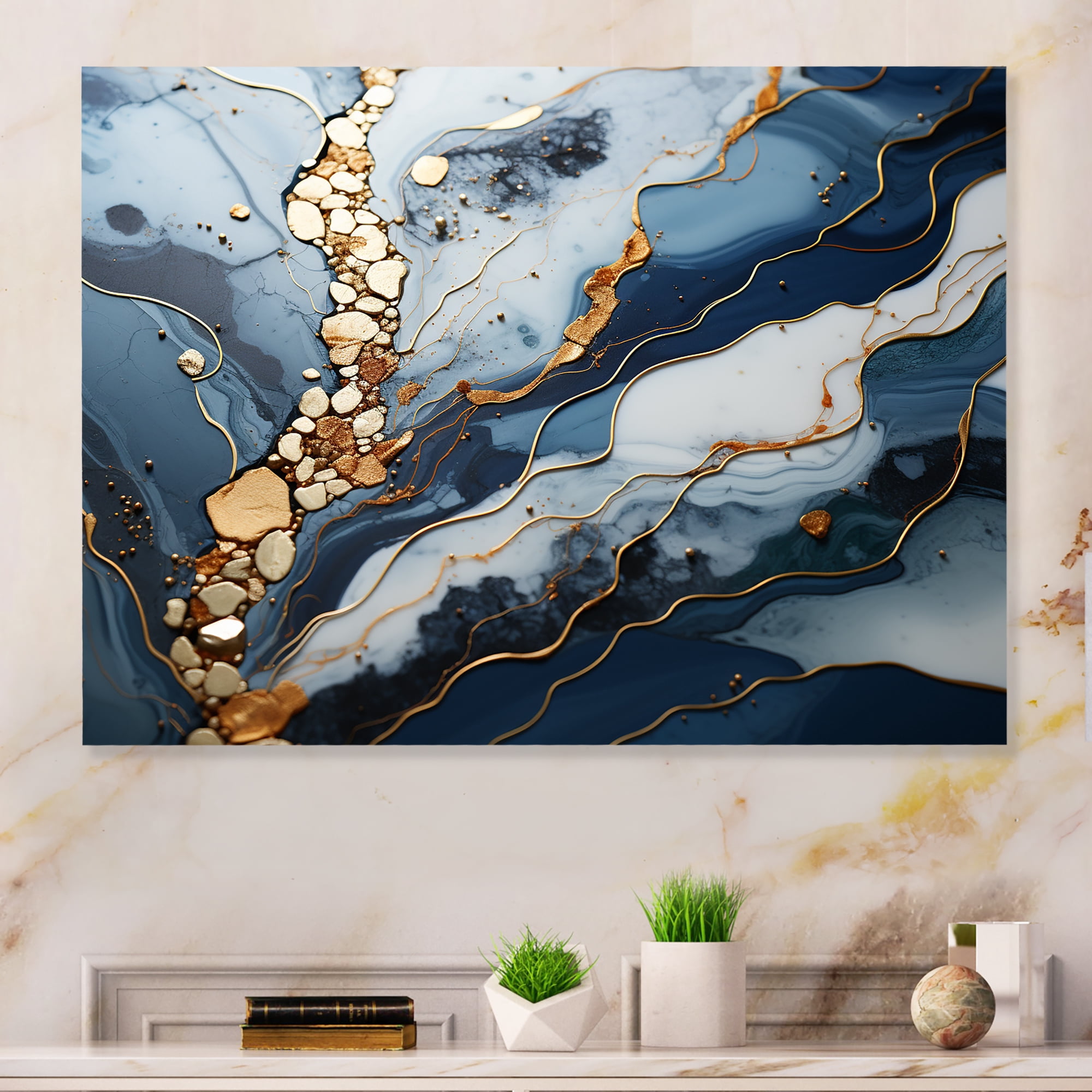 Designart "Blue and Gold Marble river II In Gold and Blue"Marble wall ...