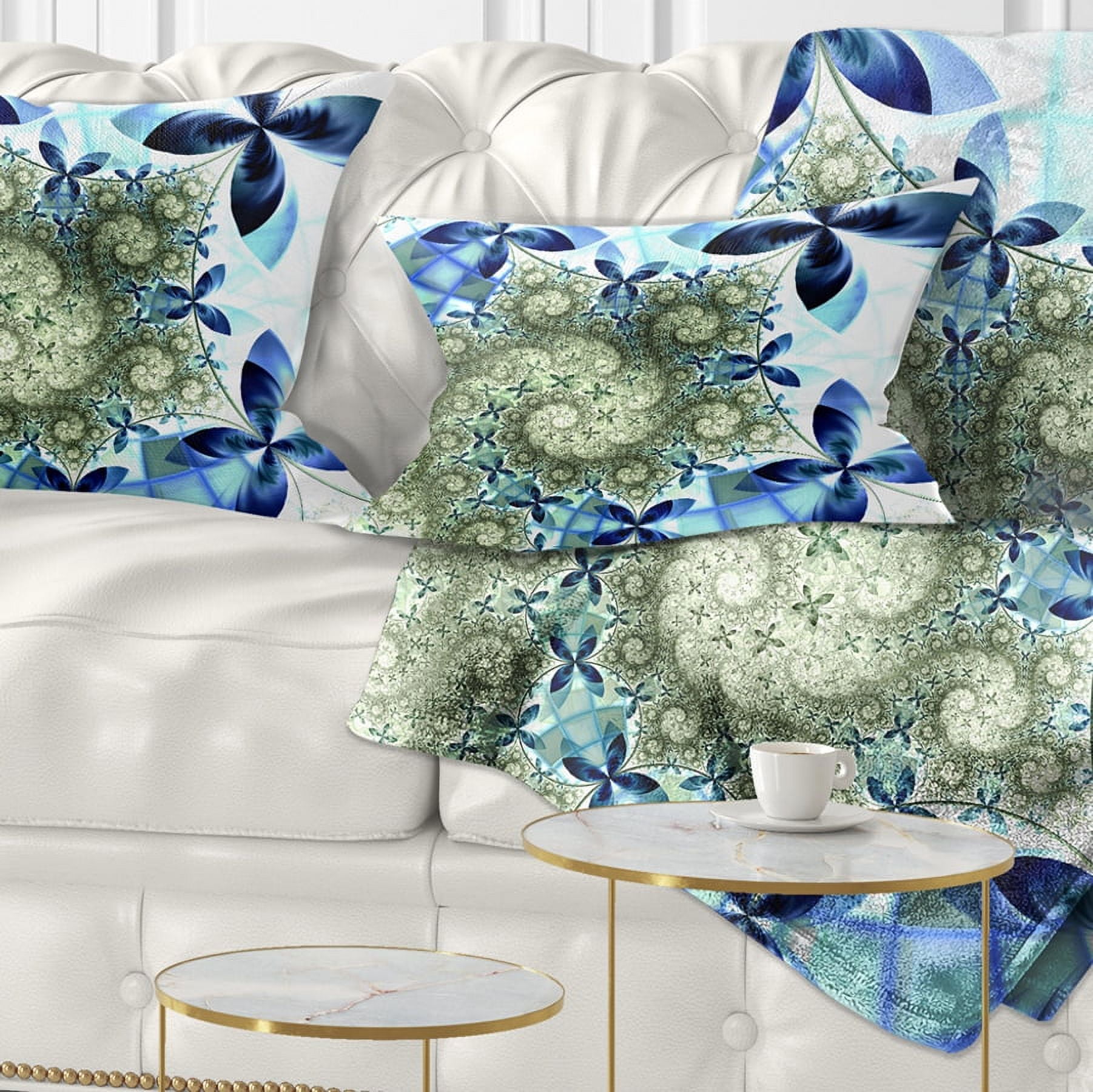 Designart Blue and Green Fractal Flowers - Floral Throw Pillow - 12x20
