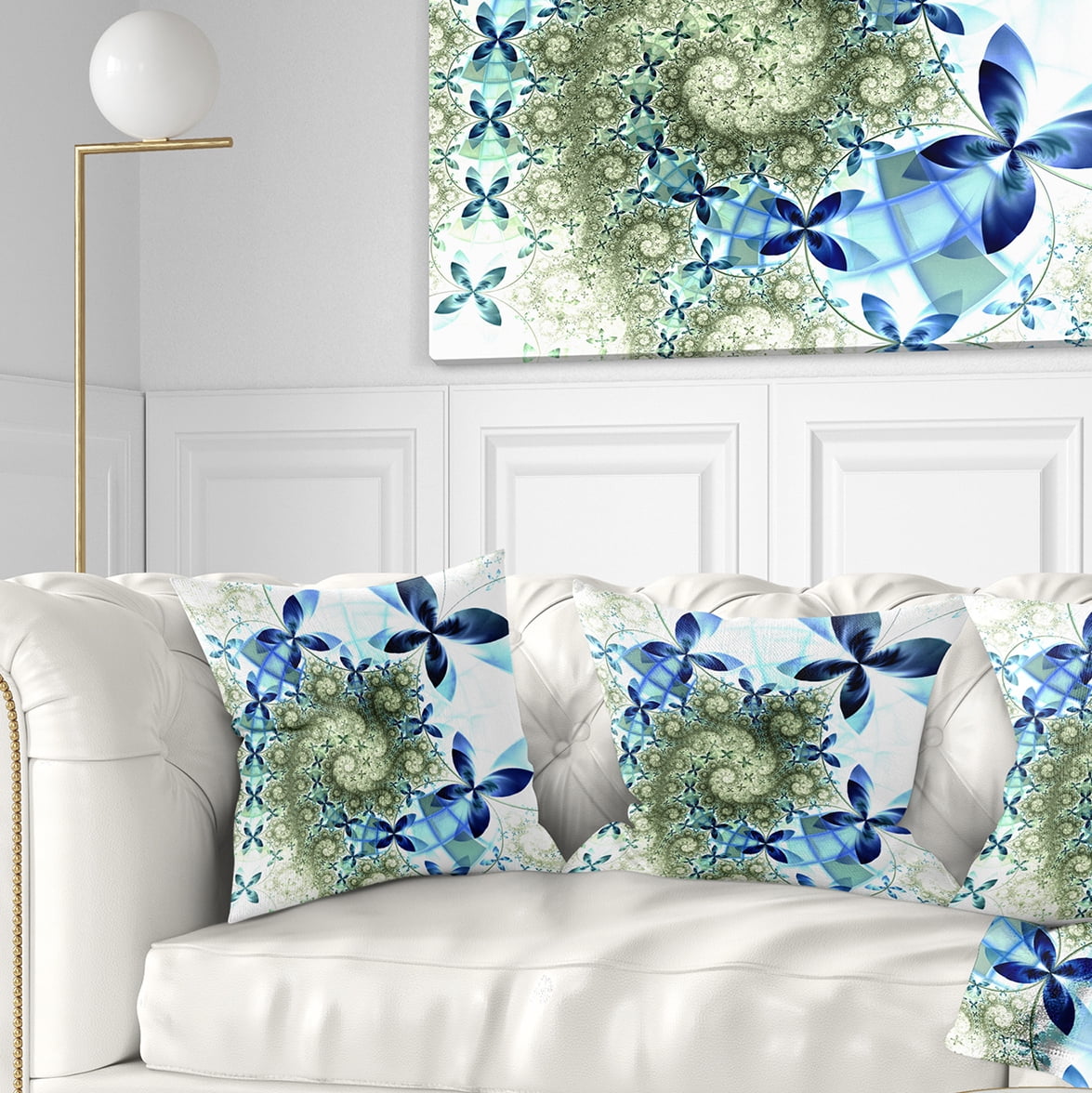 Designart Blue and Green Fractal Flowers - Floral Throw Pillow - 18x18