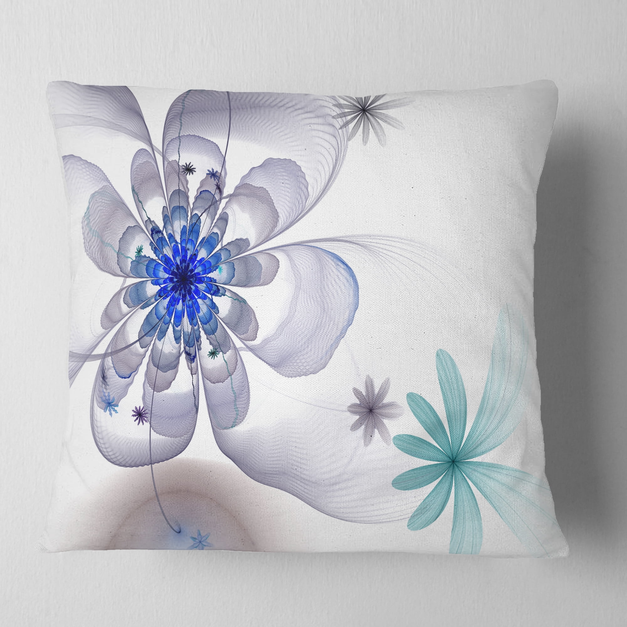 Designart Blue and Grey Symmetrical Fractal Flower - Floral Throw Pillow - 18x18