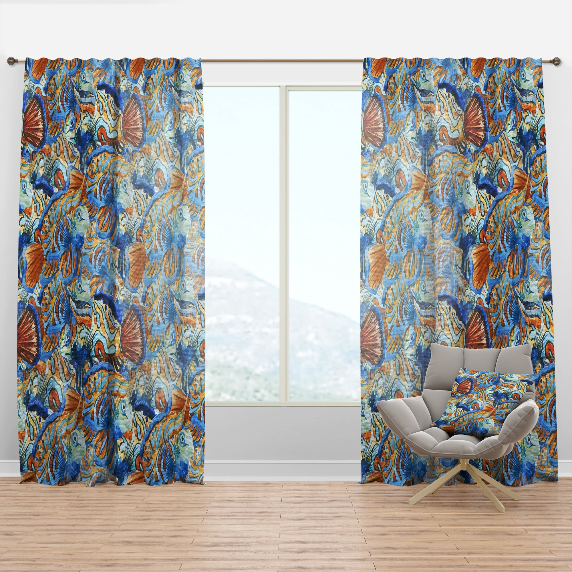 Designart 'Blue and Orange Fishes' Animals Curtain Panel