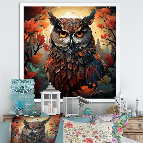 Designart "Blue and Orange Mysterious Owl III" Animals Framed Wall Art Decor - Modern Orange Owl Entryway Framed Wall Art