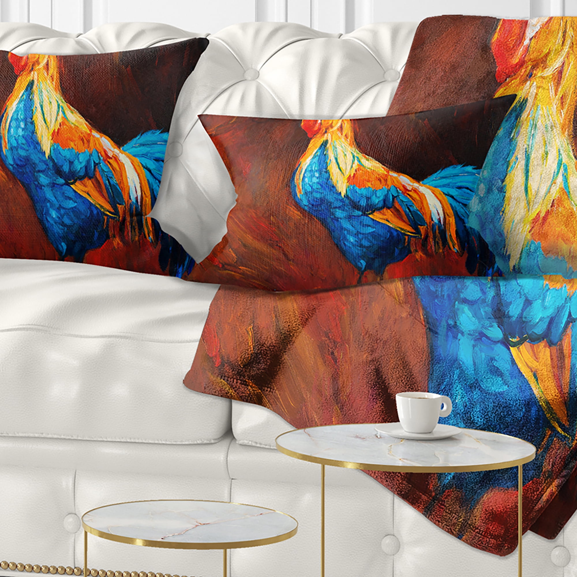 Designart Blue and Orange Rooster - Animal Throw Pillow - 12x20