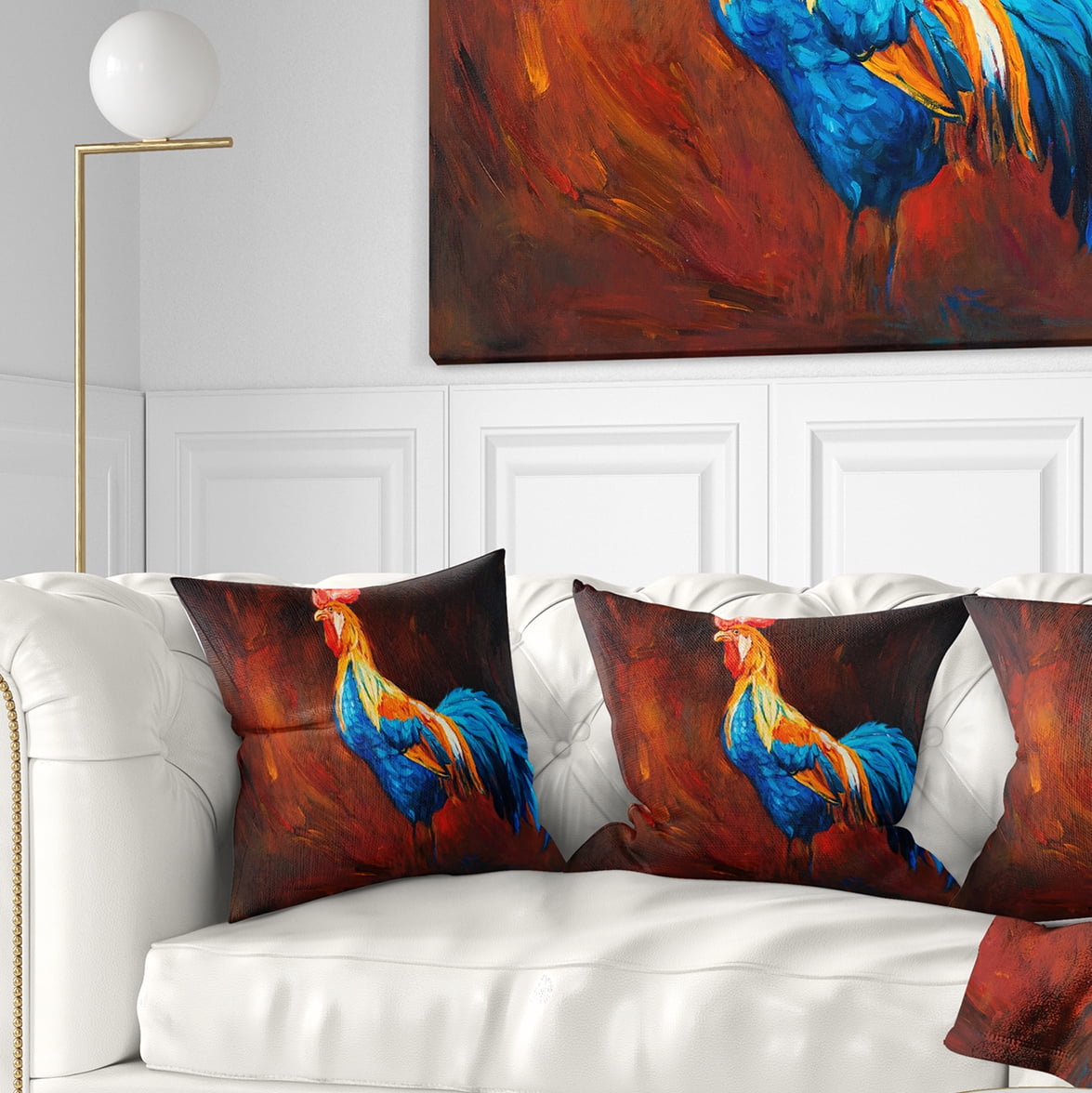 Designart Blue and Orange Rooster - Animal Throw Pillow - 16x16