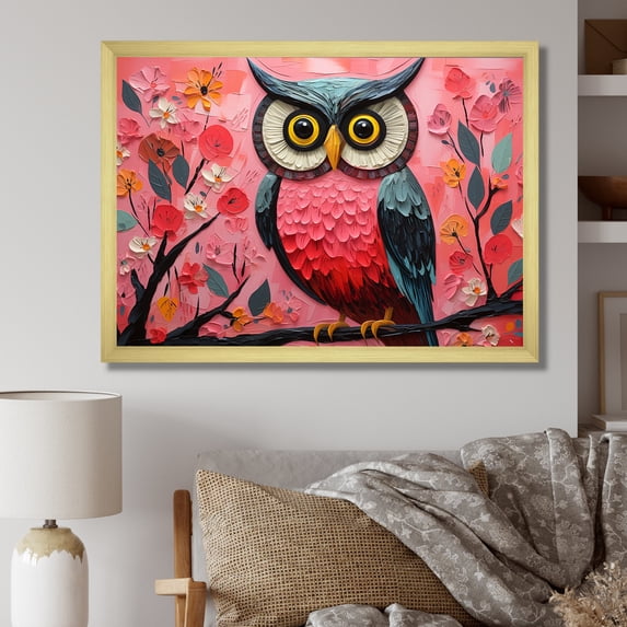 Designart "Blue and Pink Owls in Floral Forest III" Animals Framed Wall Art Decor - Modern Farmhouse Blue Owl Entryway Framed Wall Art Print