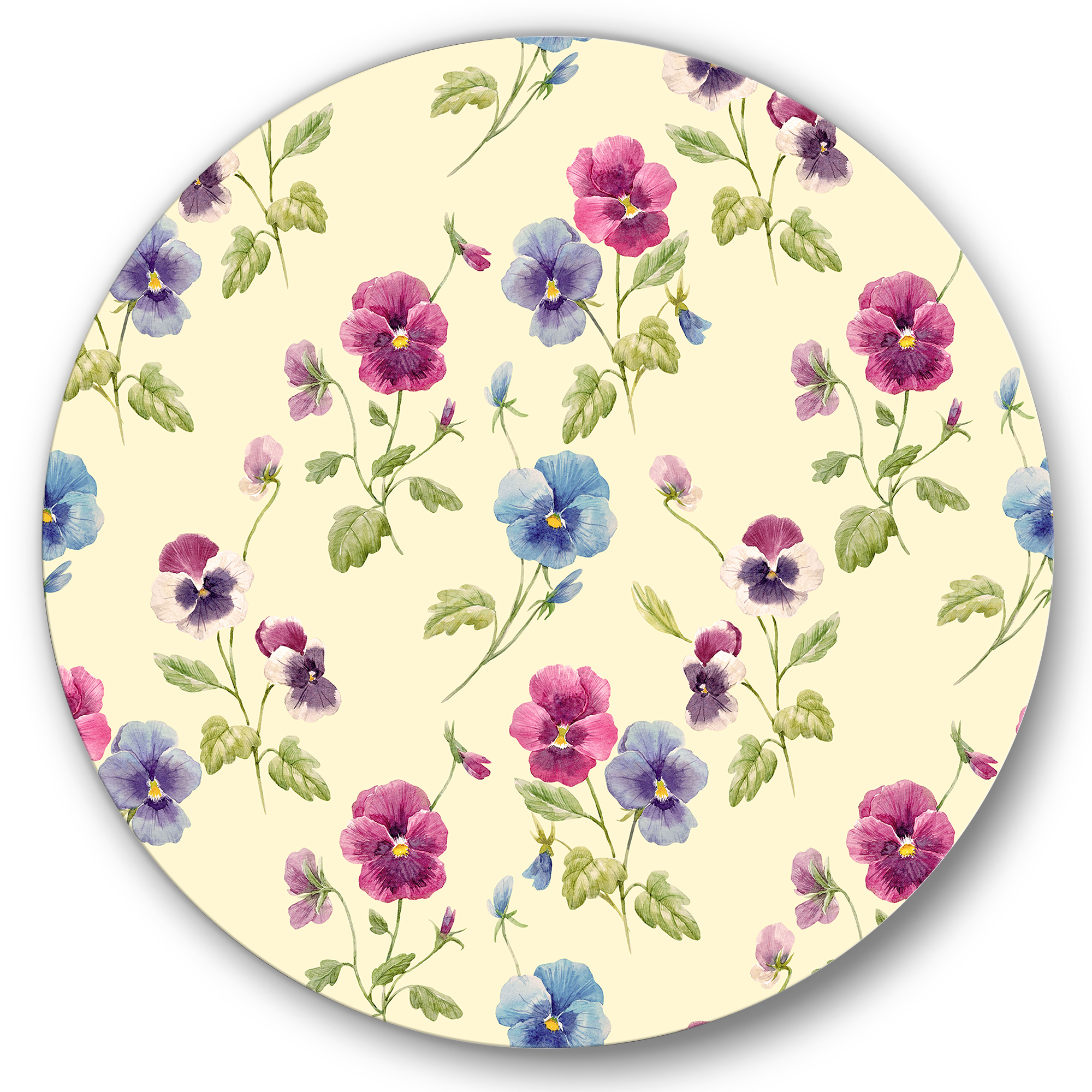 Designart 'Blue and Pink Pansy Flowers I' Traditional Circle Metal Wall Art 11x11 - Disc of 11