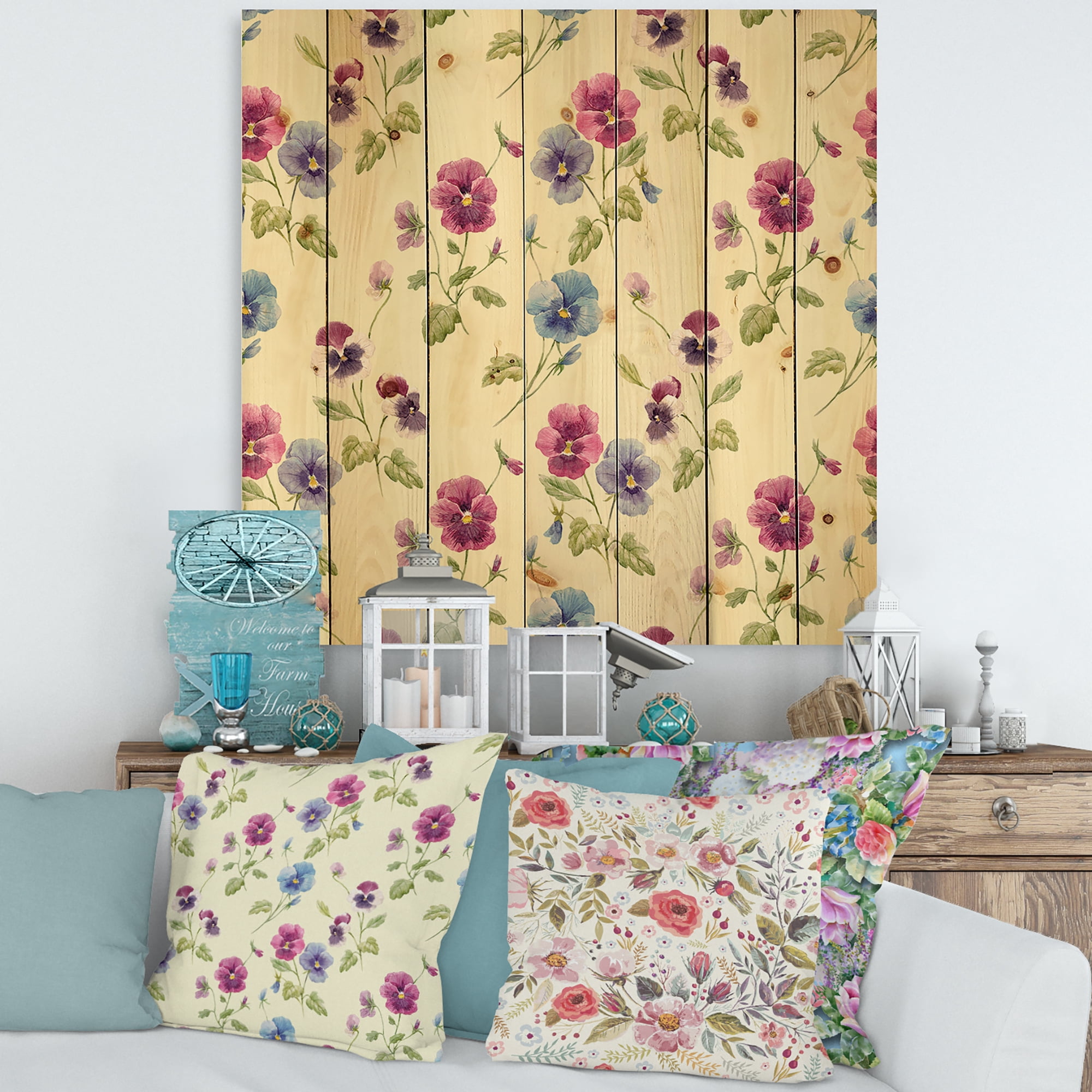Designart 'Blue and Pink Pansy Flowers I' Traditional Print on Natural Pine Wood