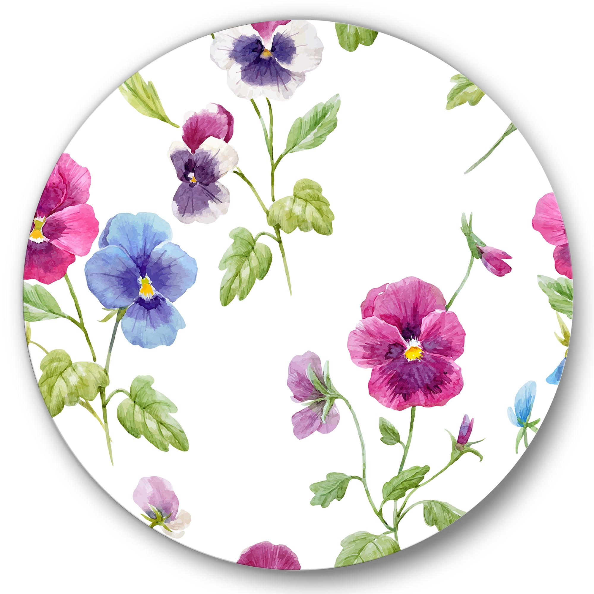 Designart 'Blue and Pink Pansy Flowers II' Traditional Circle Metal Wall Art 29x29 - Disc of 29
