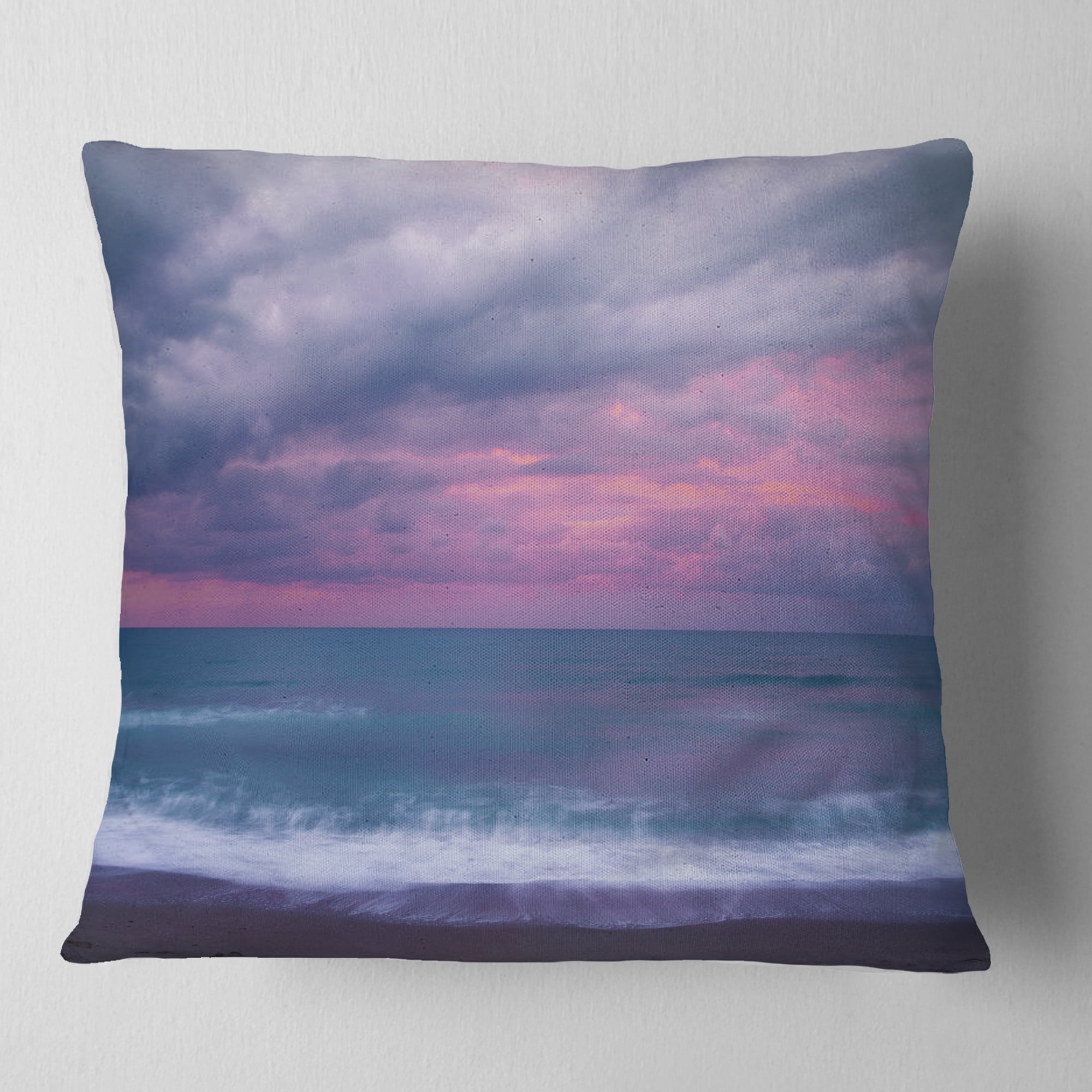Designart Blue and Pink Unset over Sea - Seashore Throw Pillow - 18x18