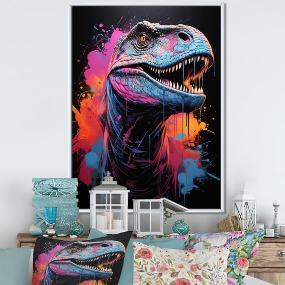 Designart "Blue and Purple Dinosaur Portrait" Animals Framed Wall Art - Modern Blue Dinosaur Hallway Framed Wall Art Decor