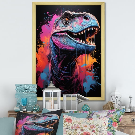 Designart "Blue and Purple Dinosaur Portrait" Animals Framed Wall Art - Modern Blue Dinosaur Hallway Framed Wall Art Decor