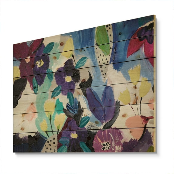 Designart 'Blue and Purple Flower Composition I' Floral Print on Natural Pine Wood